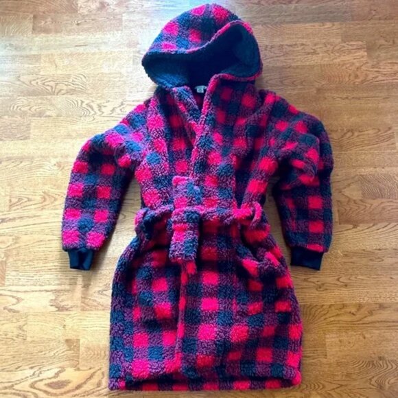 American Eagle Robe Red Black Check Buffalo Holiday Cozy Sherpa Blanket Hood - Picture 1 of 5